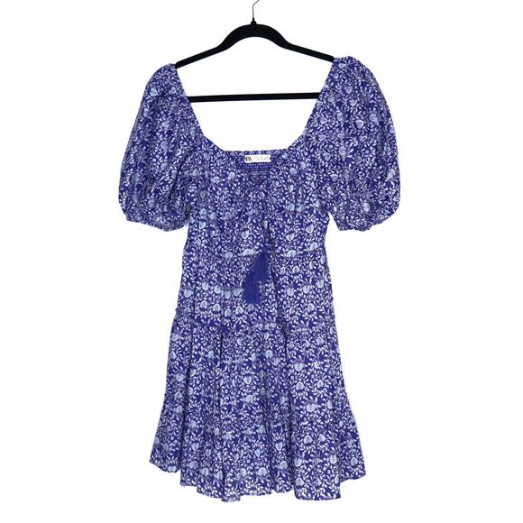 ZARA Printed Puff Sleeve Peasant Mini Dress Blue Tassel Tie Smocked Women's S - Picture 1 of 10